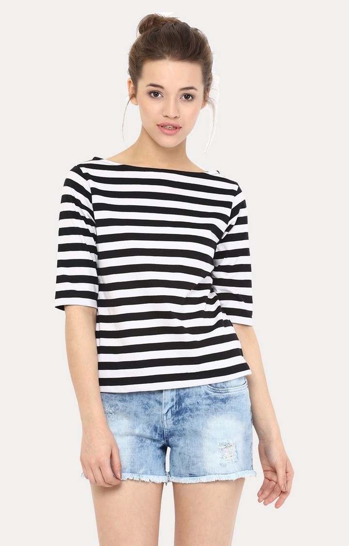 MISS CHASE | Women's Black Striped Regular T-Shirts