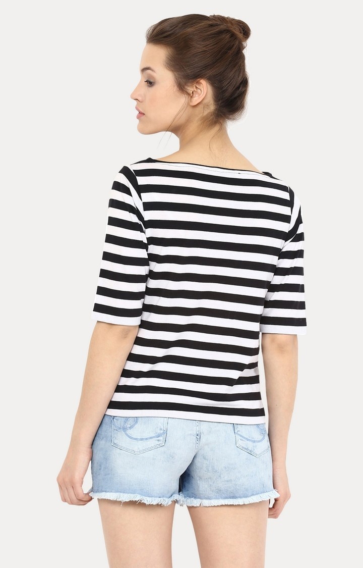 Women's Black Viscose StripedCasualwear Regular T-Shirts