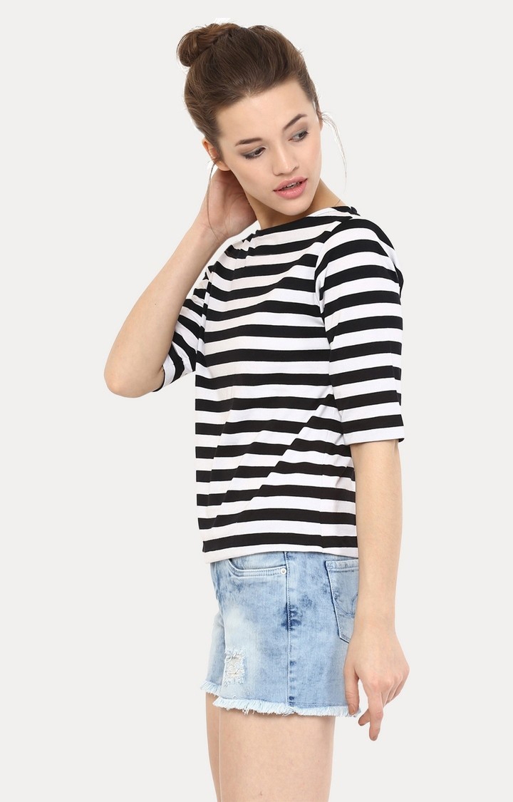 Women's Black Viscose StripedCasualwear Regular T-Shirts
