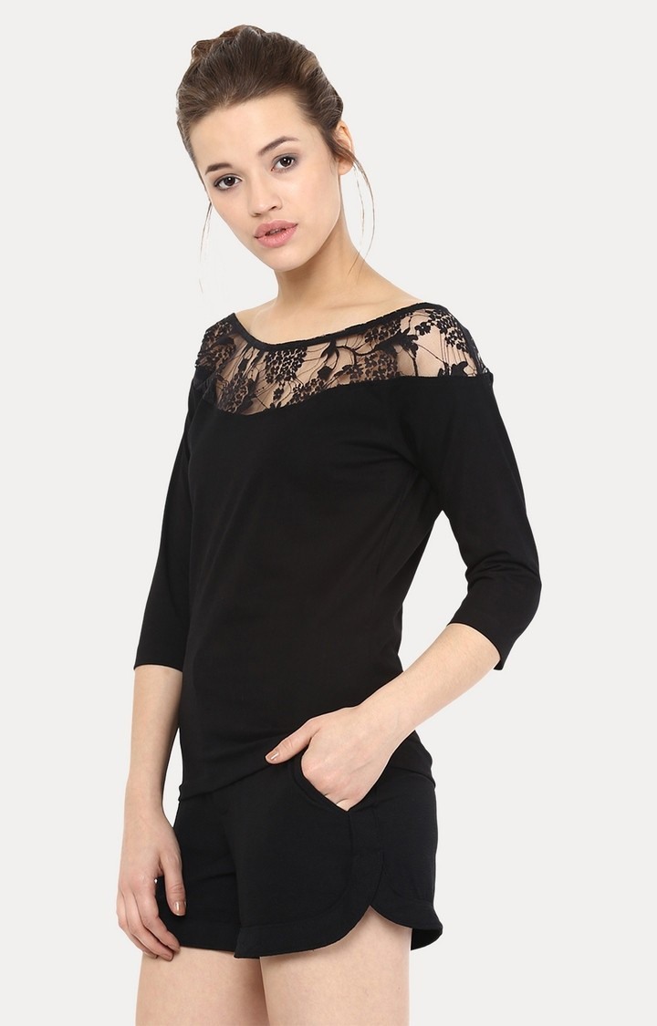 Women's Black Viscose SolidCasualwear Tops