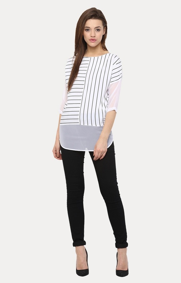 Women's White Crepe StripedCasualwear Tops