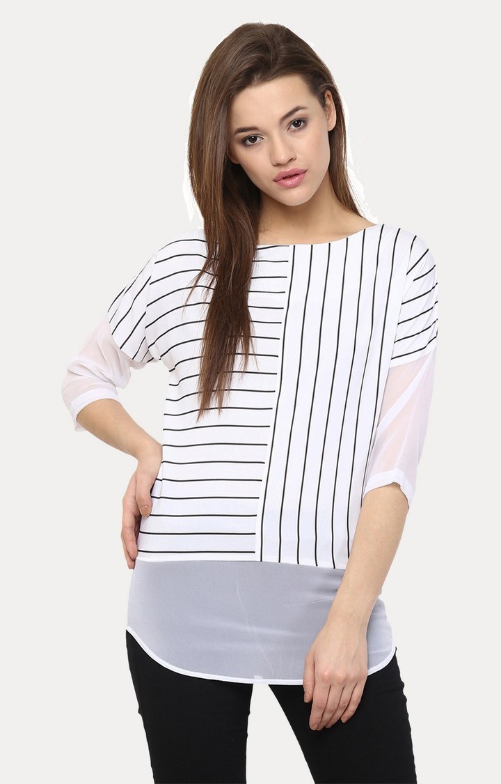 MISS CHASE | Women's White Crepe StripedCasualwear Tops
