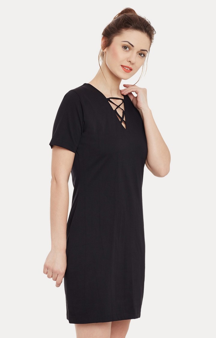 Women's Black Cotton SolidEveningwear Sheath Dress