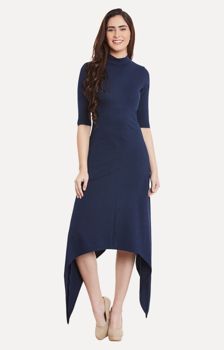 MISS CHASE | Women's Blue Viscose SolidEveningwear Asymmetric Dress