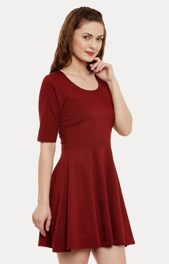 Women's Red Viscose SolidCasualwear Skater Dress