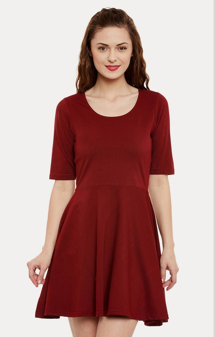 MISS CHASE | Women's Red Viscose SolidCasualwear Skater Dress