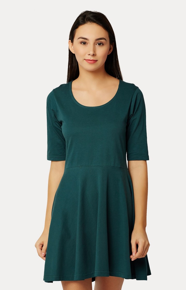MISS CHASE | Women's Green Cotton SolidCasualwear Skater Dress