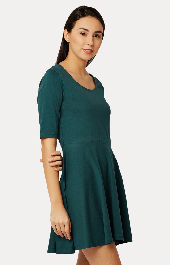 Women's Green Cotton SolidCasualwear Skater Dress