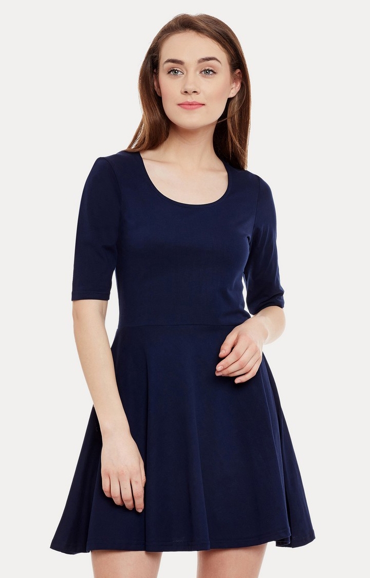 MISS CHASE | Women's Blue Viscose SolidCasualwear Skater Dress