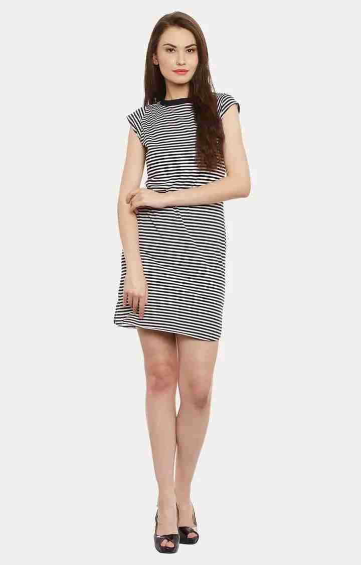 Women's Black Cotton StripedCasualwear Shift Dress