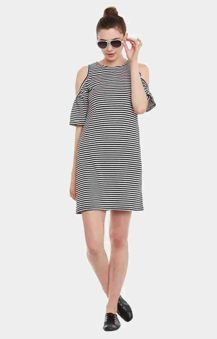 Women's Black Cotton StripedCasualwear Shift Dress