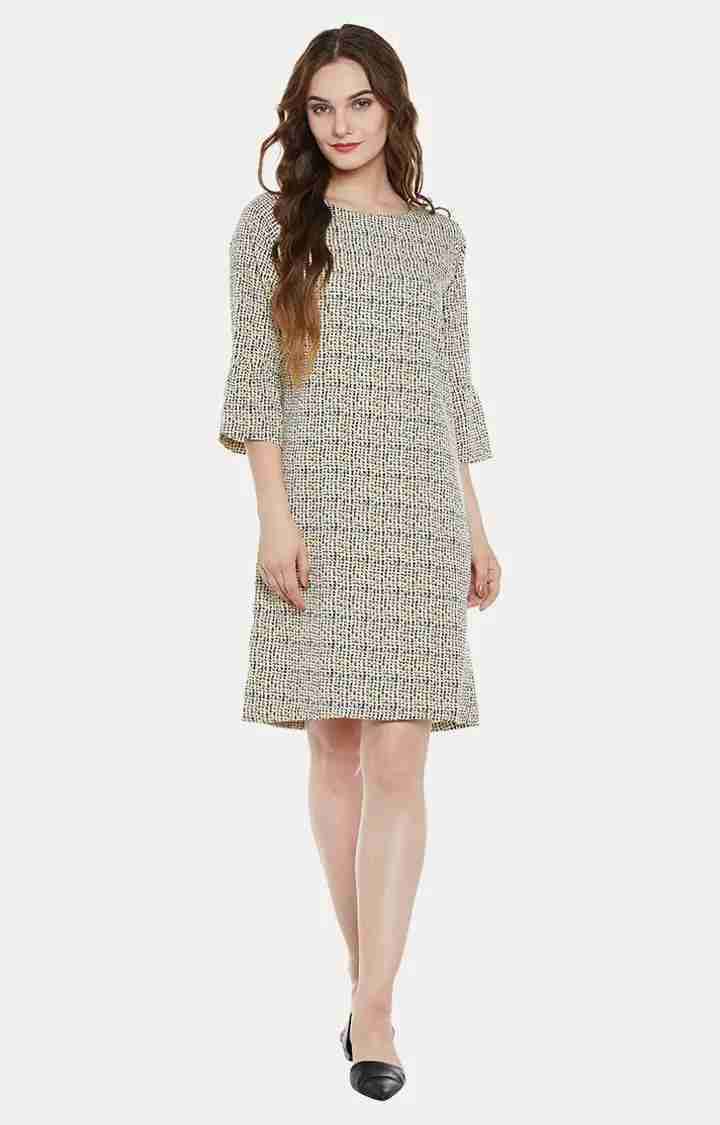 Women's Beige Crepe PrintedCasualwear Shift Dress