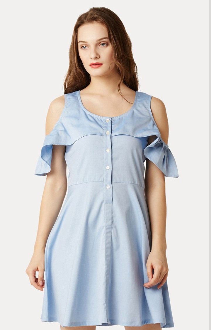 MISS CHASE | Women's Blue Cotton SolidCasualwear Skater Dress