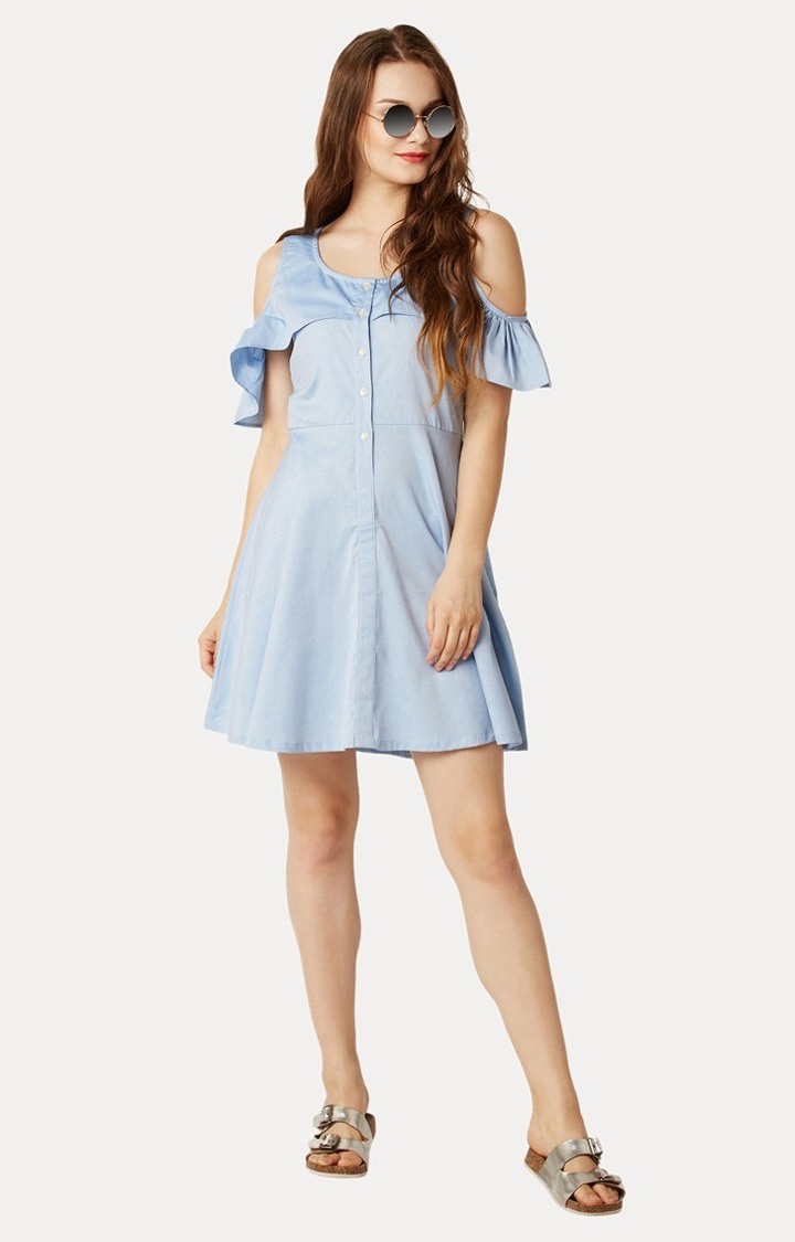 Women's Blue Cotton SolidCasualwear Skater Dress