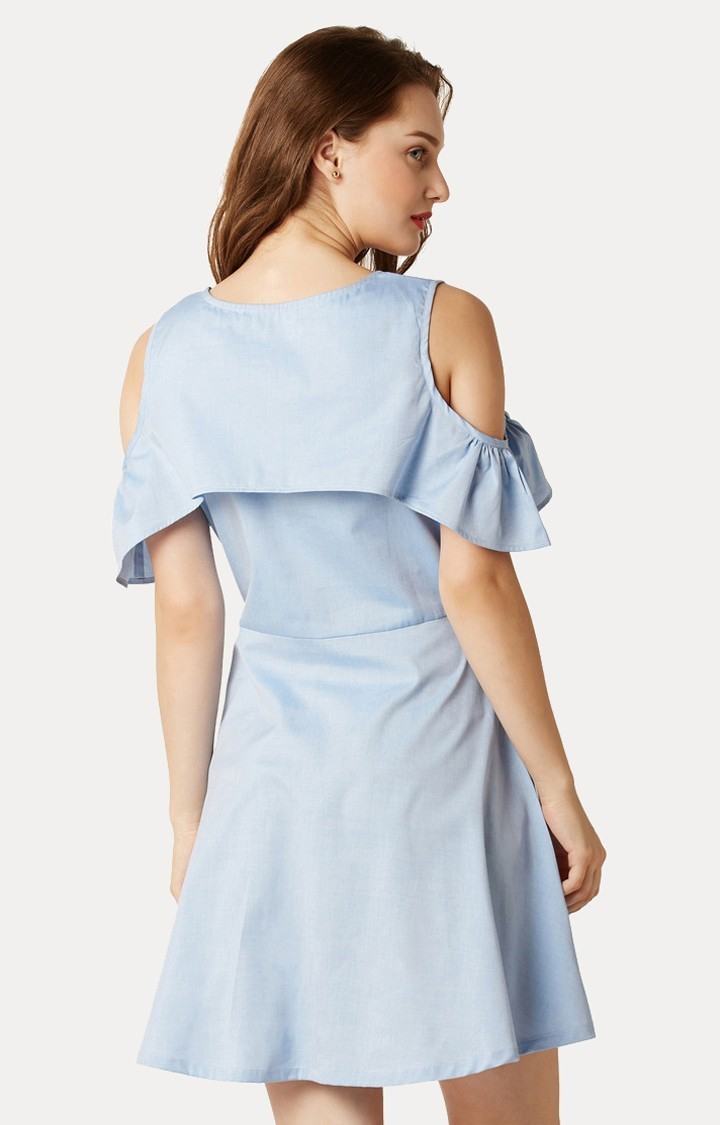 Women's Blue Cotton SolidCasualwear Skater Dress