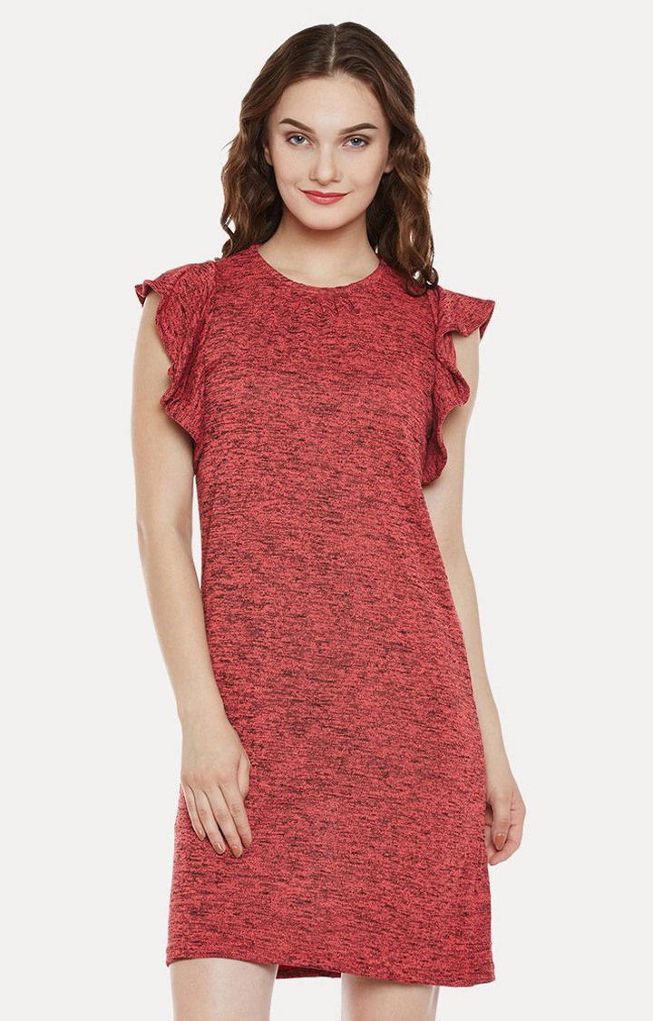MISS CHASE | Women's Red Cotton MelangeCasualwear Shift Dress