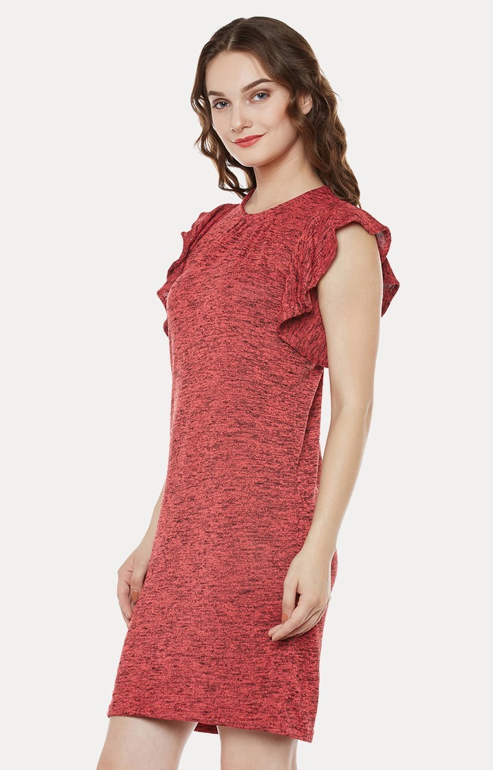 Women's Red Cotton MelangeCasualwear Shift Dress