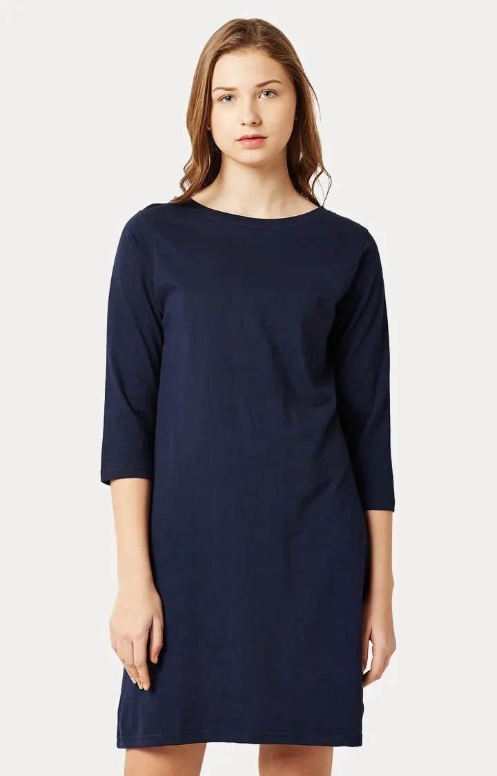 MISS CHASE | Women's Blue Cotton SolidCasualwear Shift Dress