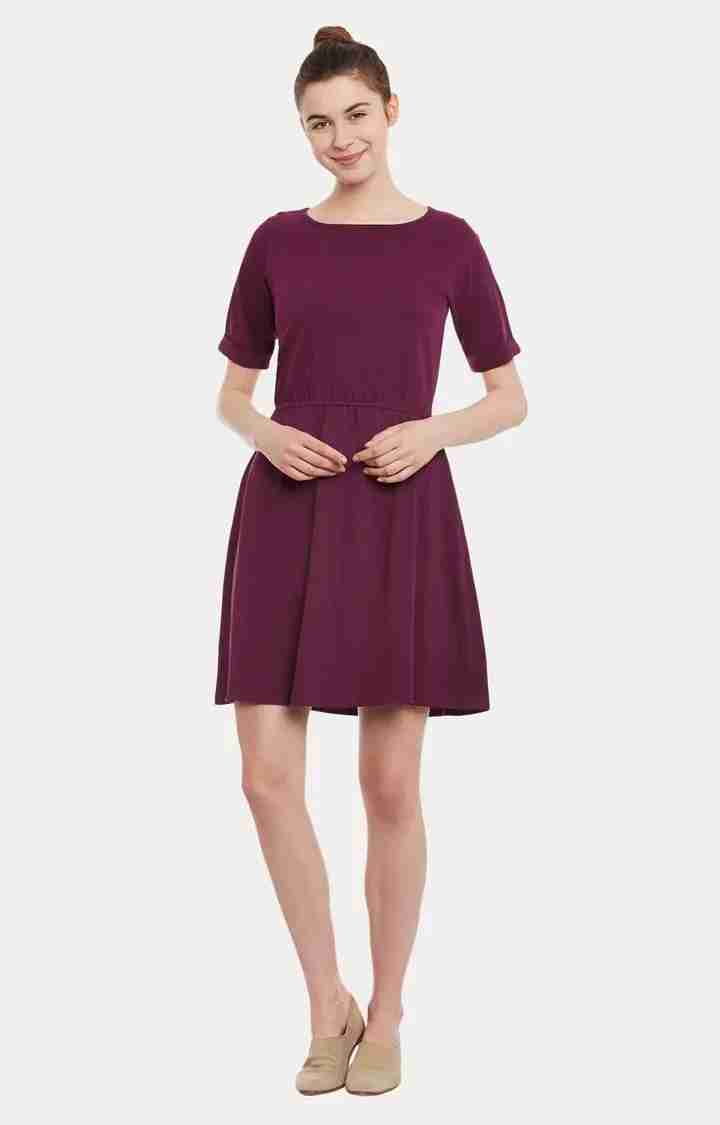 Women's Purple Cotton SolidCasualwear Skater Dress