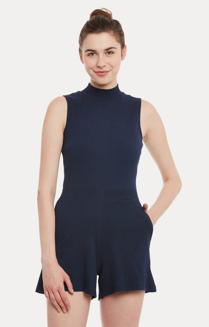 MISS CHASE | Women's Blue Cotton StripedCasualwear Jumpsuits