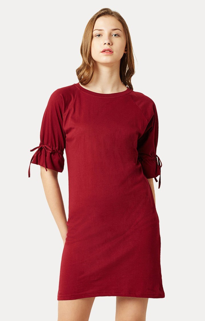 MISS CHASE | Women's Red Cotton SolidCasualwear Shift Dress