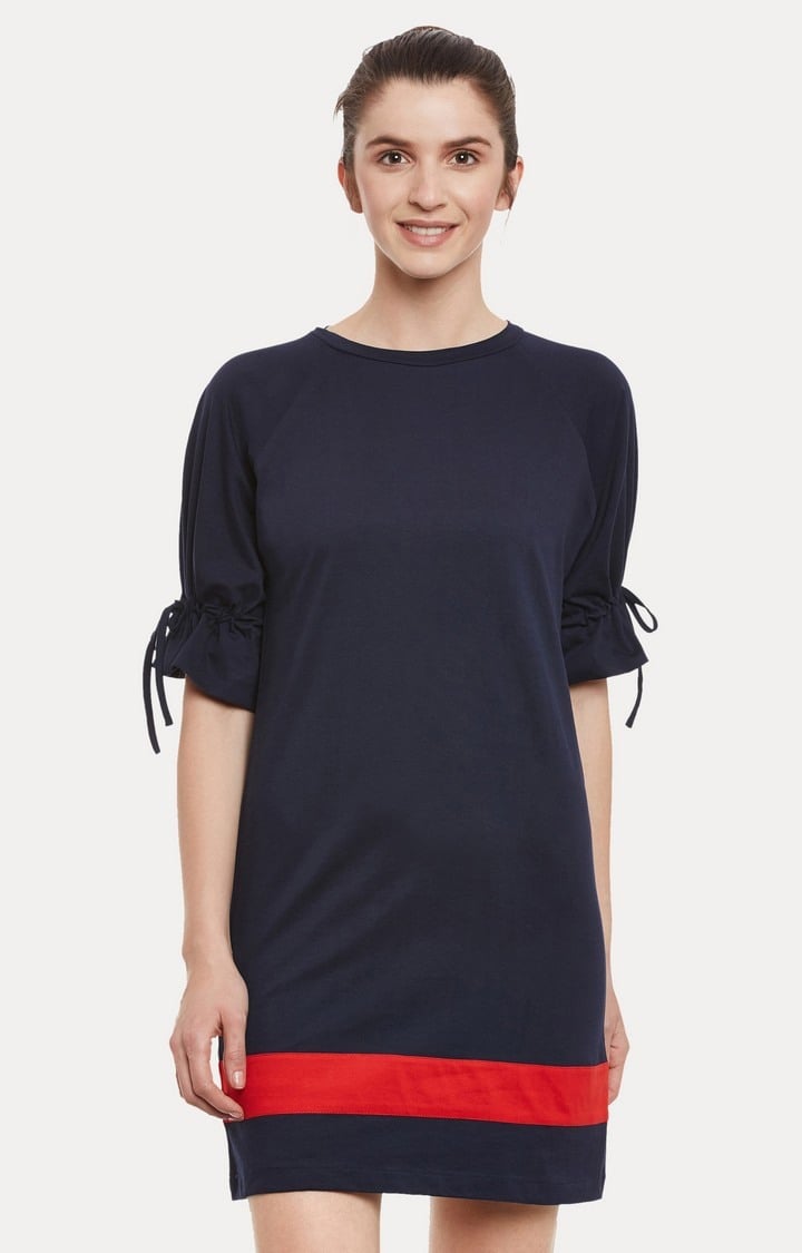 MISS CHASE | Women's Blue Cotton SolidCasualwear Sheath Dress