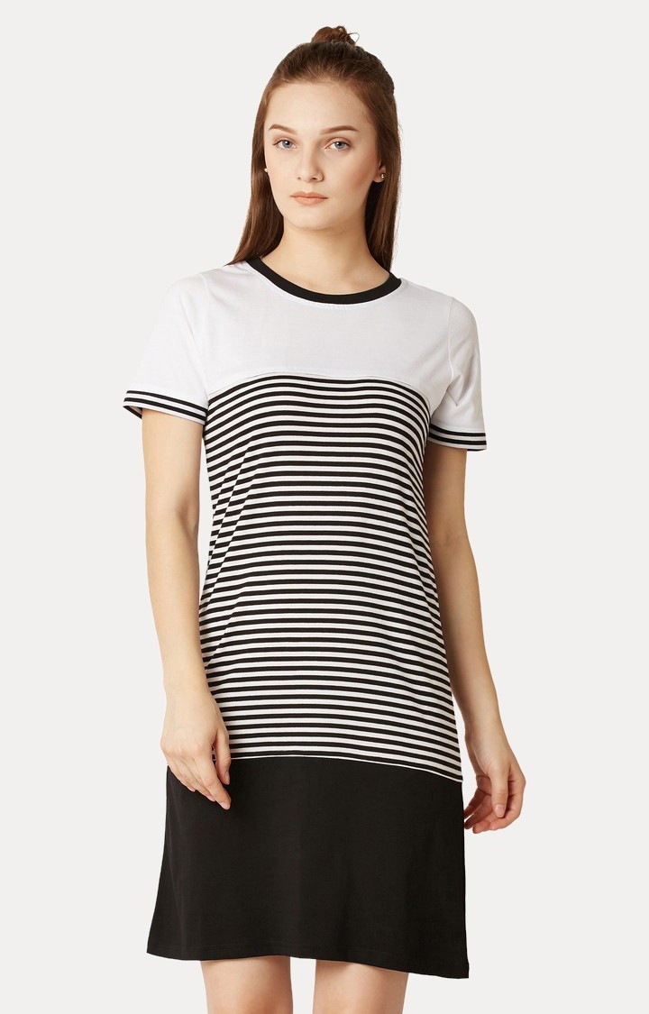 MISS CHASE | Women's White Cotton StripedCasualwear Shift Dress