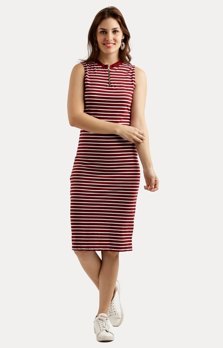 Women's Red Cotton StripedCasualwear Sheath Dress