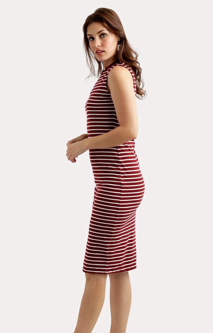 Women's Red Cotton StripedCasualwear Sheath Dress
