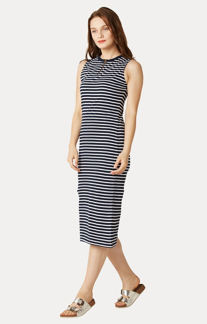 Women's Blue Cotton StripedCasualwear Sheath Dress