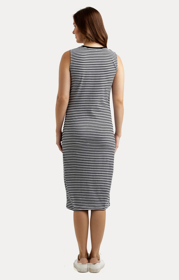 Women's Black Cotton StripedCasualwear Sheath Dress