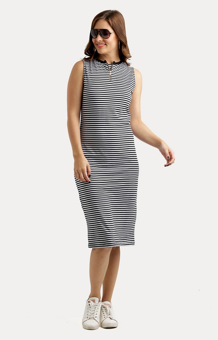 Women's Black Cotton StripedCasualwear Sheath Dress