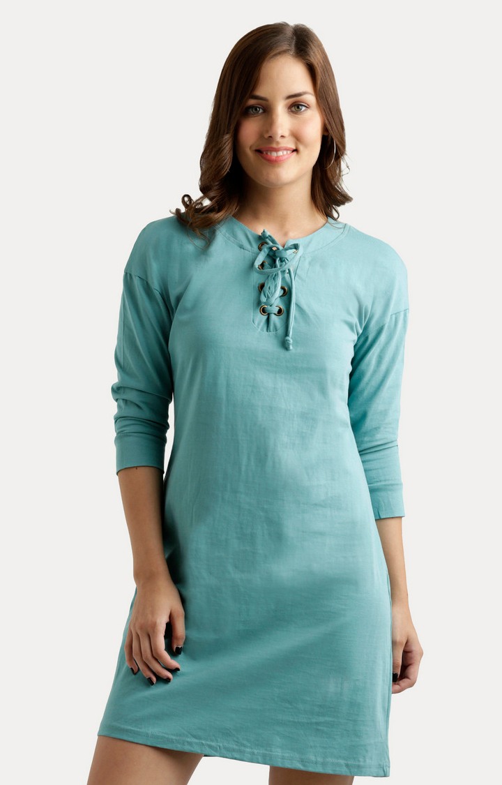MISS CHASE | Women's Blue Cotton SolidCasualwear Shift Dress