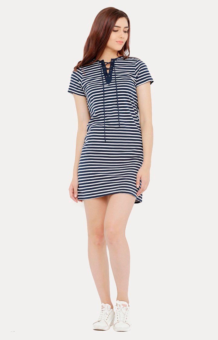 Women's Blue Cotton StripedCasualwear Shift Dress