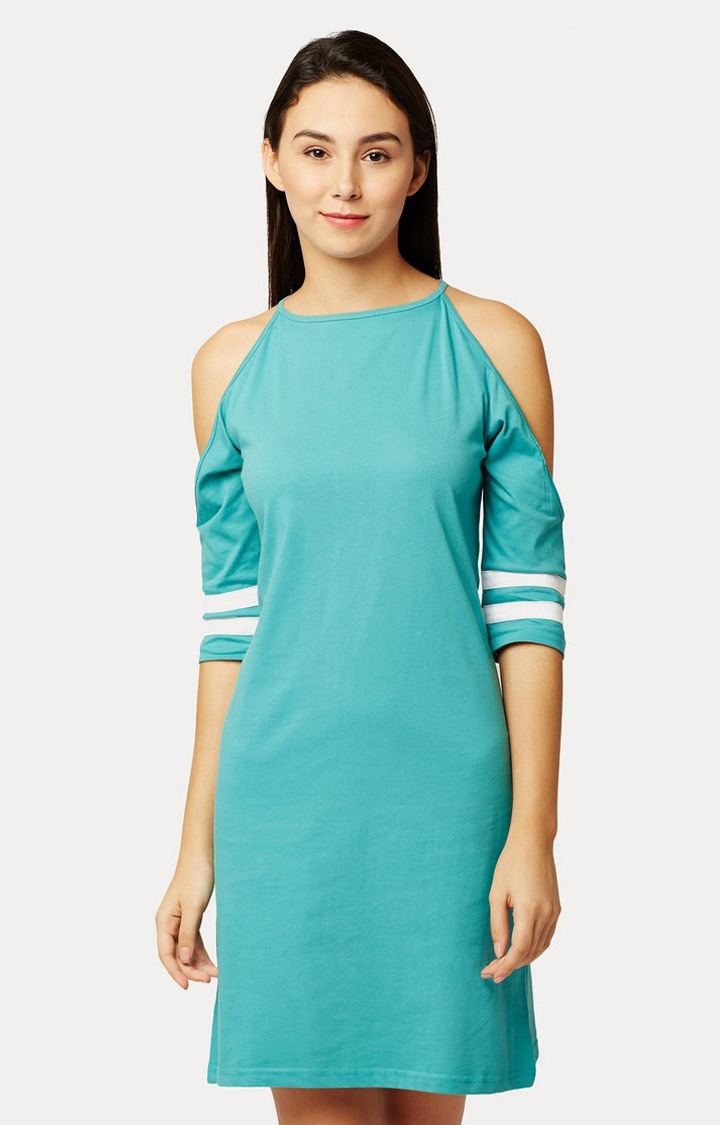 MISS CHASE | Women's Blue Cotton SolidCasualwear Shift Dress