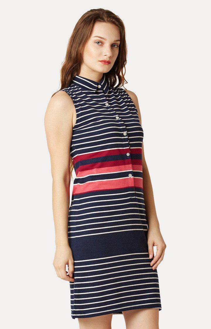 Women's Red Cotton StripedCasualwear Shirt Dress
