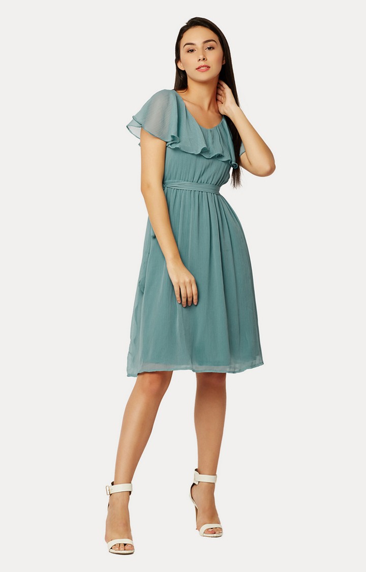 Women's Green Chiffon SolidCasualwear Skater Dress