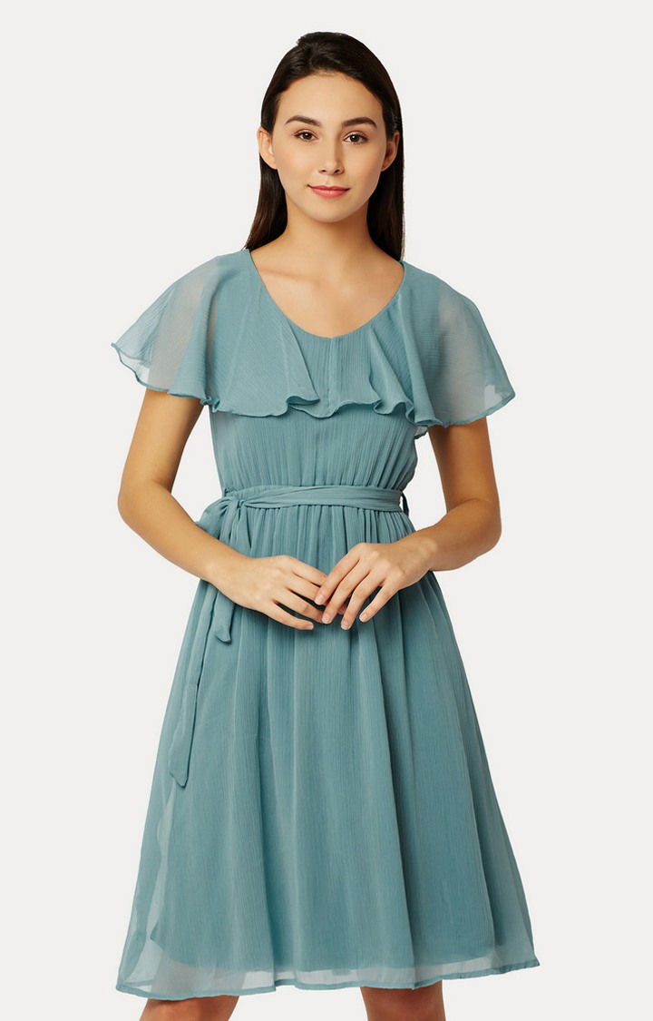 MISS CHASE | Women's Green Chiffon SolidCasualwear Skater Dress