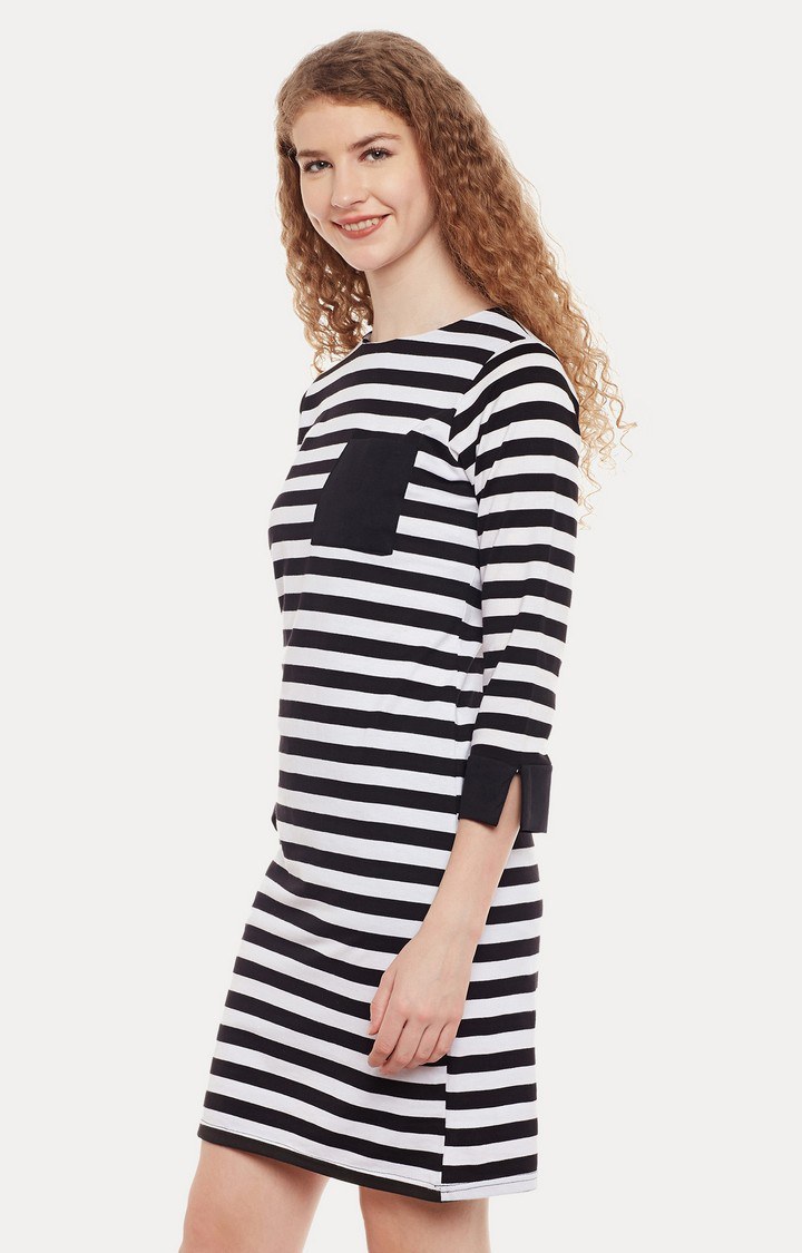 Women's Black Cotton StripedCasualwear Sheath Dress