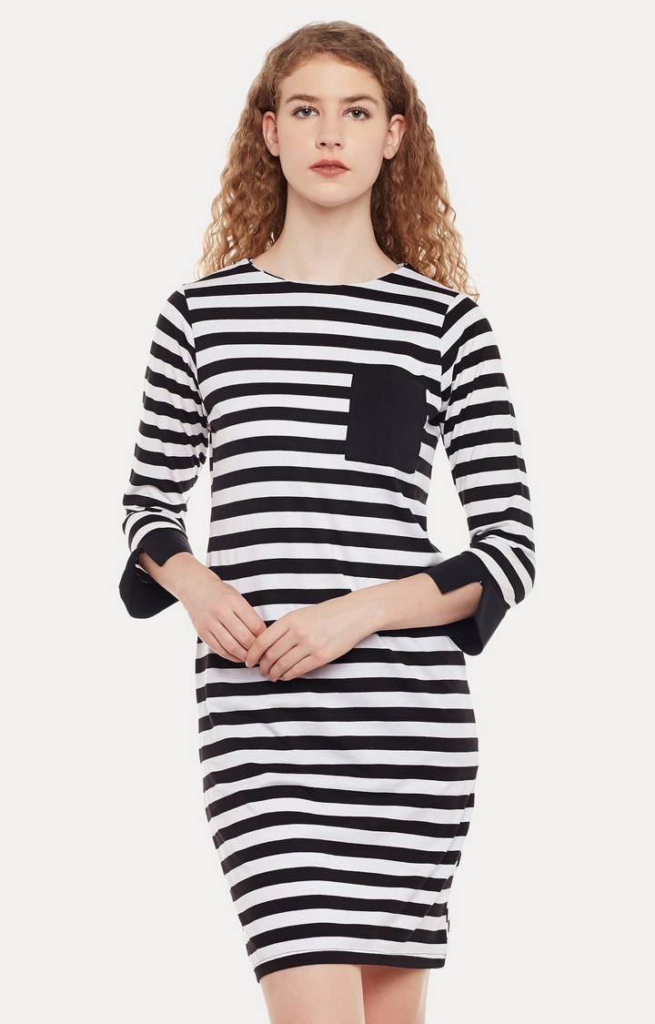 MISS CHASE | Women's Black Cotton StripedCasualwear Sheath Dress