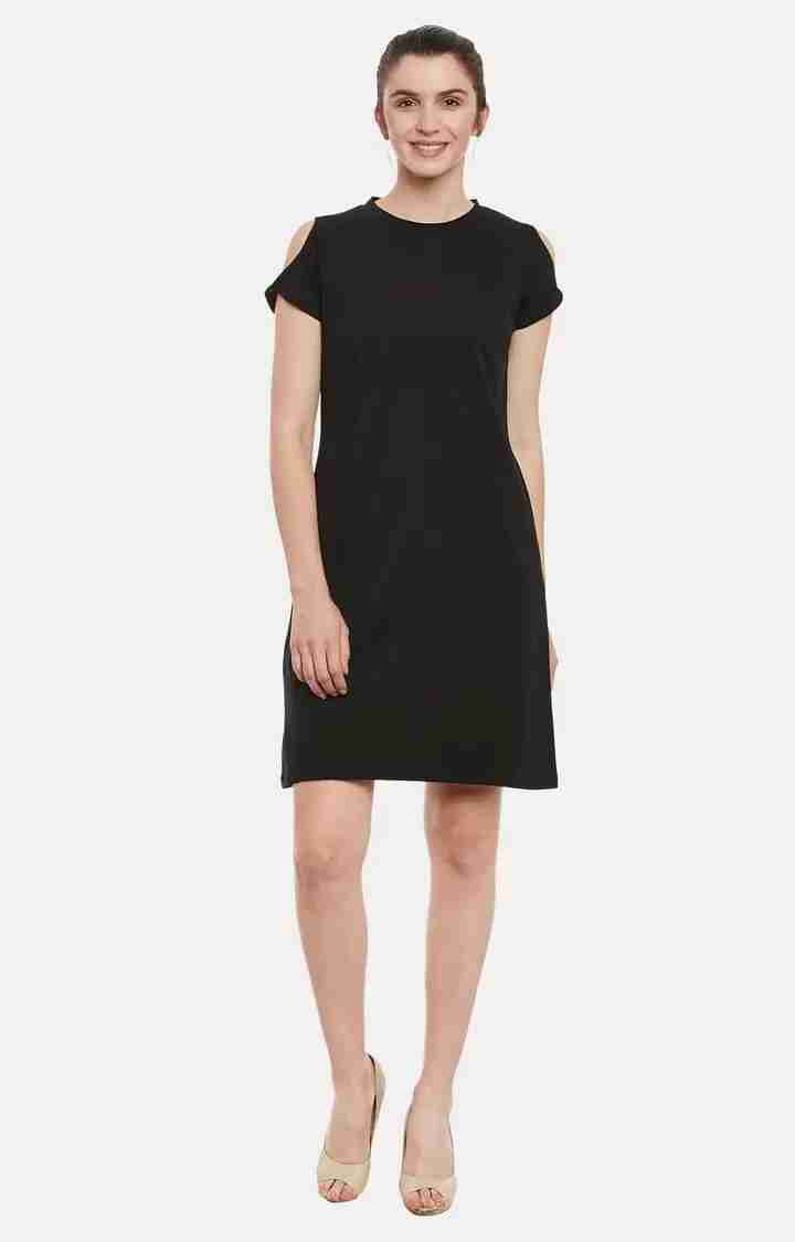 Women's Black Cotton SolidCasualwear Shift Dress