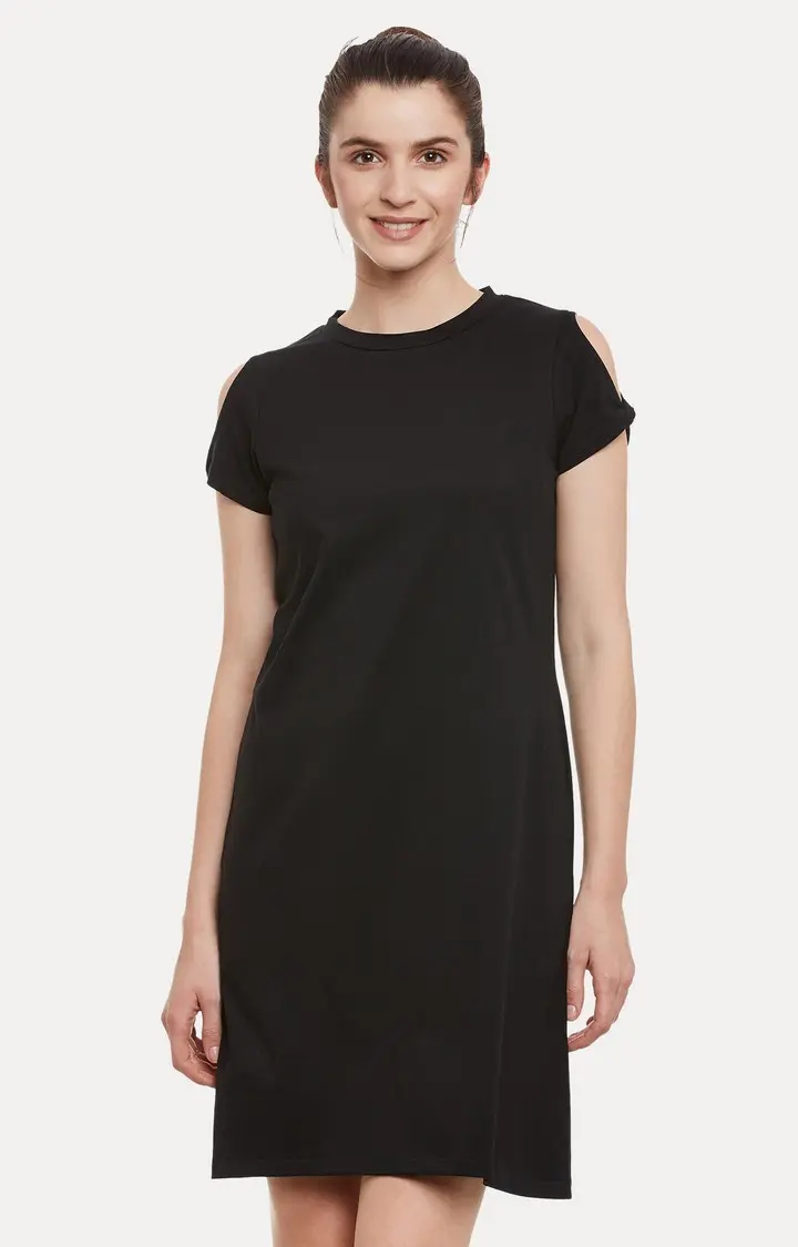 MISS CHASE | Women's Black Cotton SolidCasualwear Shift Dress