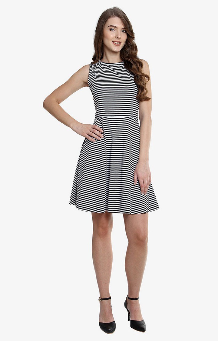 Women's Black Cotton StripedCasualwear Skater Dress