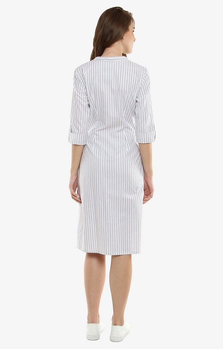 Women's White Cotton StripedCasualwear Shirt Dress