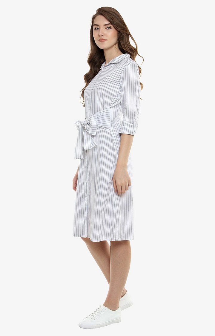 Women's White Cotton StripedCasualwear Shirt Dress