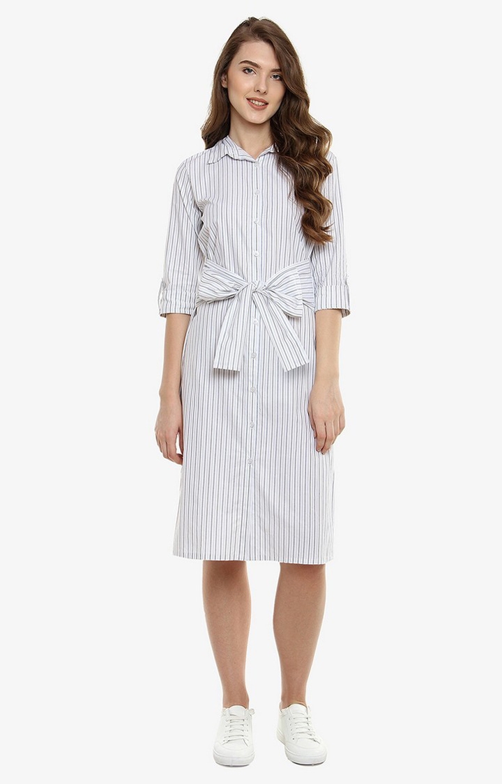 MISS CHASE | Women's White Cotton StripedCasualwear Shirt Dress