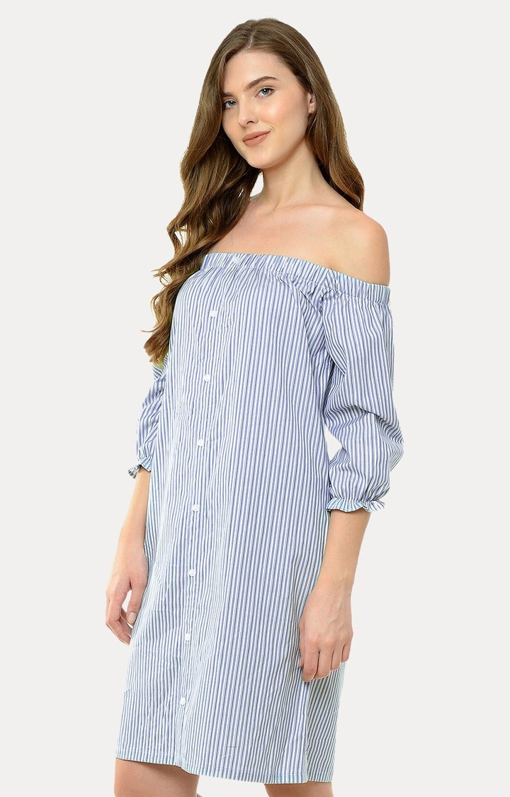 Women's Blue Cotton StripedCasualwear Off Shoulder Dress