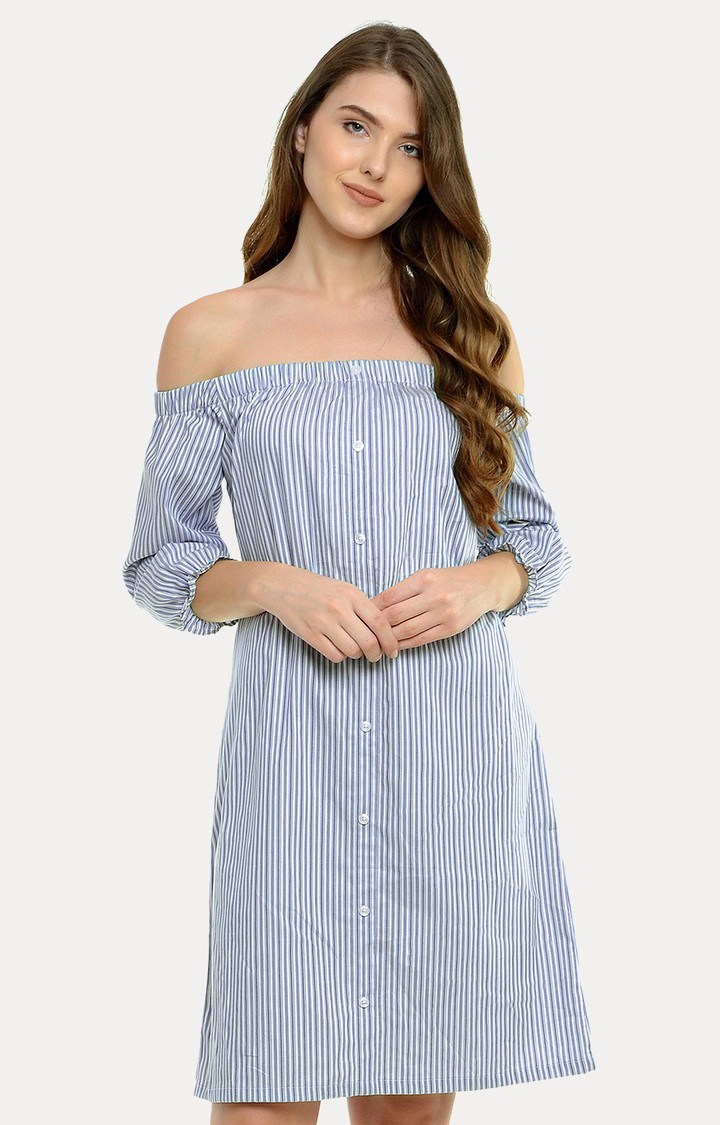MISS CHASE | Women's Blue Cotton StripedCasualwear Off Shoulder Dress