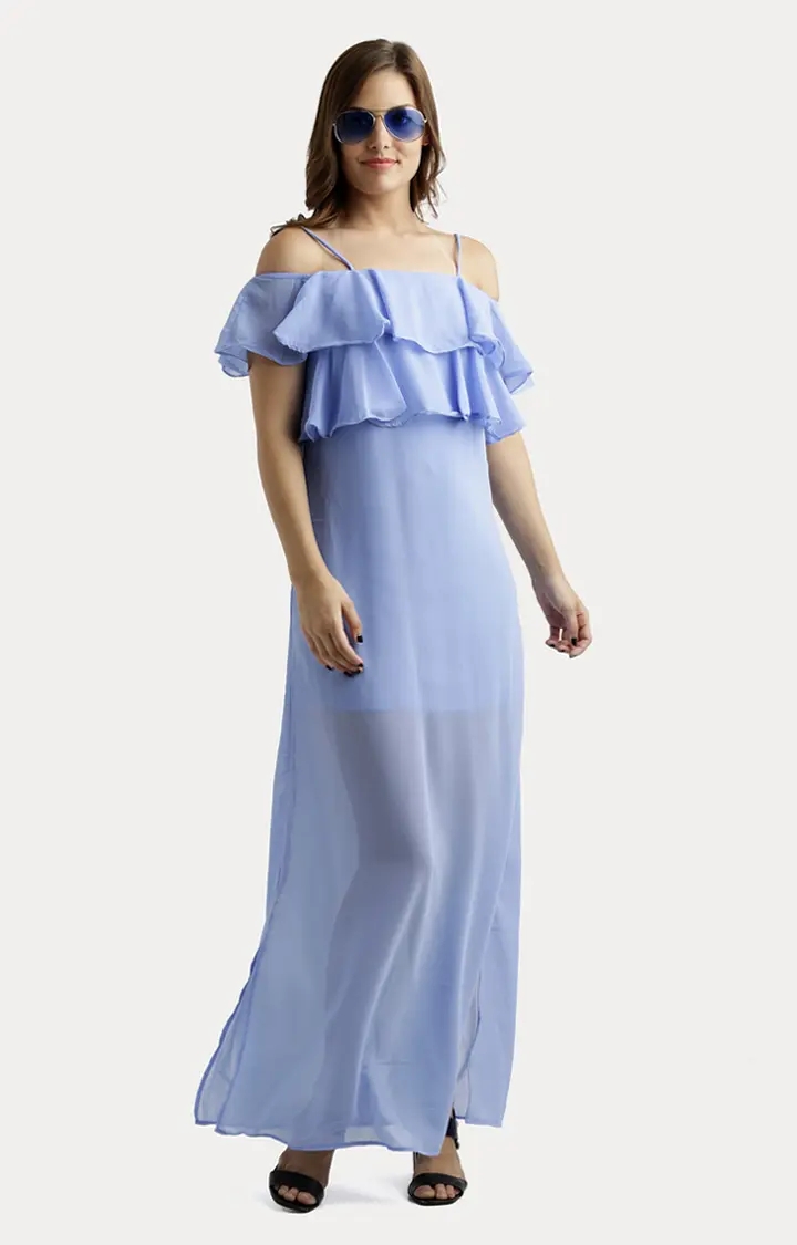 Women's Blue Georgette SolidEveningwear Maxi Dress