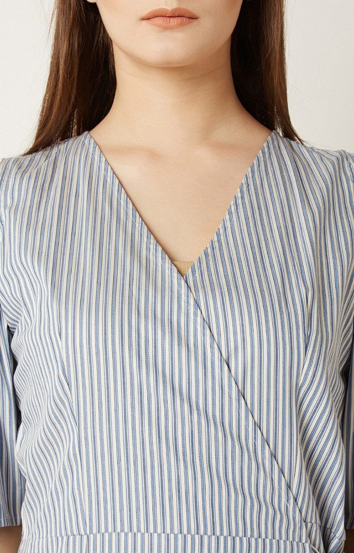 Women's Blue Cotton StripedCasualwear Sheath Dress